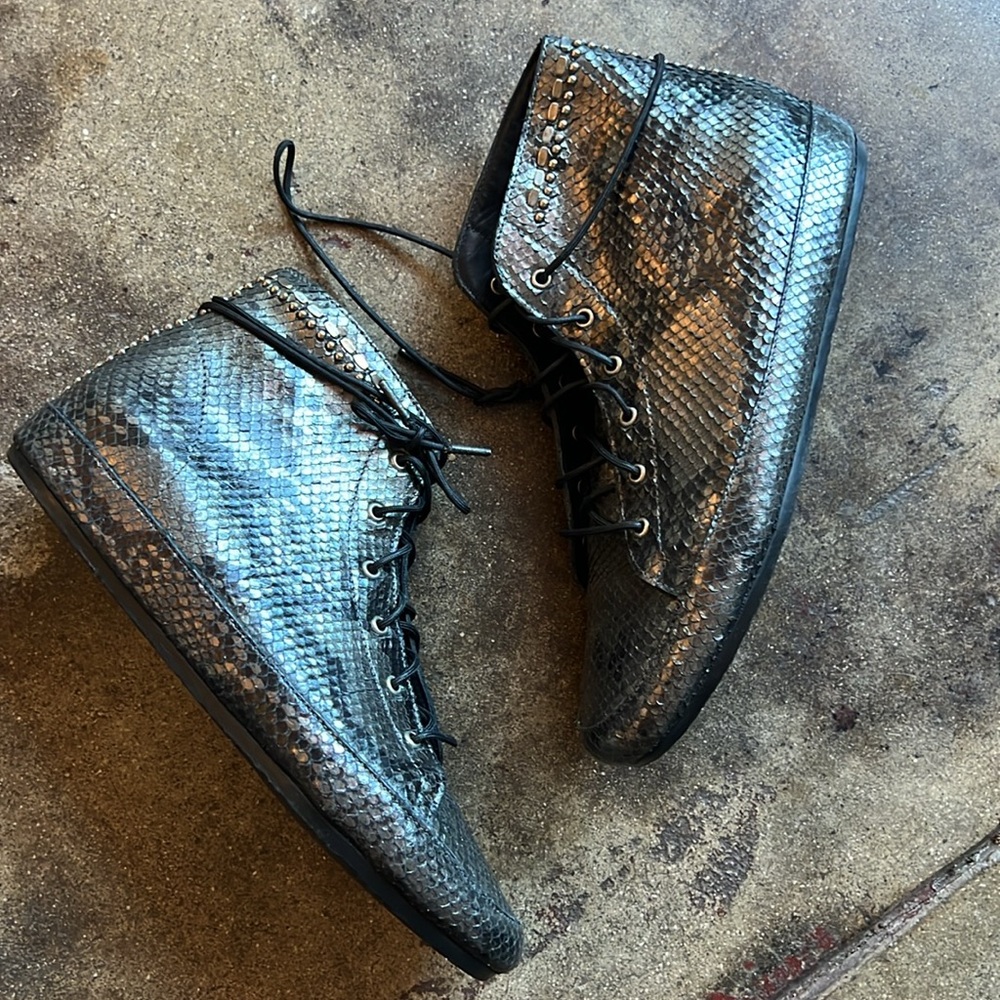 Caleb Cordero metallic snakeskin lace up high tops